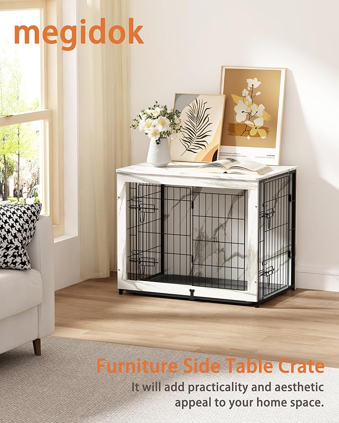 Megidok Wooden Dog Crate Furniture with Cushion,Medium Dog Crate End Table with Tray, Double Doors Kennels Indoor (32" L*22" W*26" H, Marble White)