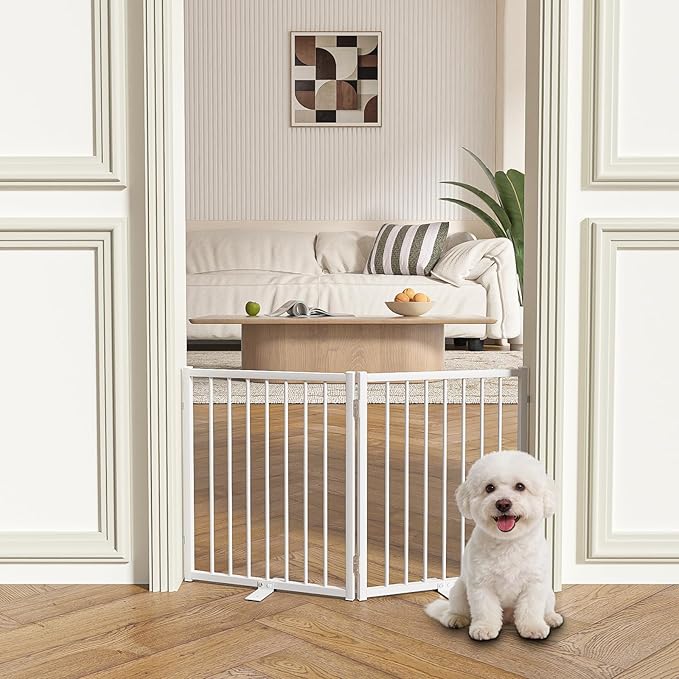 Full Metal Freestanding Gate with Door, 24'' Height Foldable Pet Dog Fence for Indoor & Outdoor, 2 Panels Extra Wide Free Standing Small Dog Gates for Doorways,House,Stairs,Porch,Deck,Yard