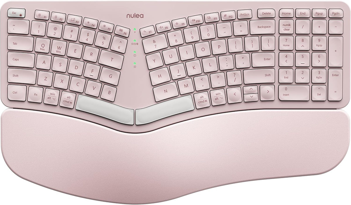 Nulea Wireless Ergonomic Keyboard, Split Keyboard with Cushioned Wrist Rest, Bluetooth and USB Connectivity, USB-C Rechargeable, Compatible with Windows Mac (Grey Pink)