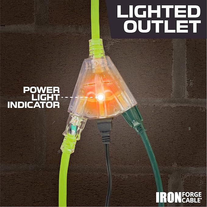 Iron Forge Cable 3 Outlet 10 Gauge Extension Cord 25 ft, 10/3 Heavy Duty Extension Cord with Multiple Plugs 3 Prong, SJTW Weatherproof Outdoor Power Cable Multi Outlets for Major Appliances