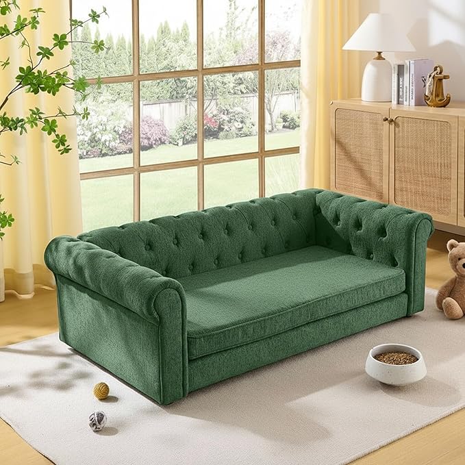 Dog Sofa Couch for Medium and Large Dogs, Memory Foam Dog Sofa Couch with Washable Fabric, Durable Elevated Pet Bed with Legs, Removable Cushion for Medium to Large Dogs, Green