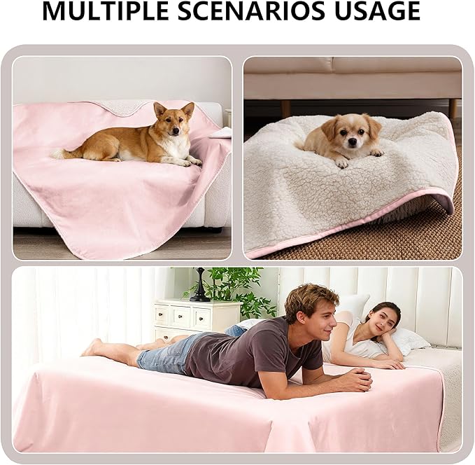 Waterproof Blanket for Couch, Leak Proof Dog Bed Sherpa Throw Blankets Reversible Pet Sofa Furniture Protector Machine Washable-50 x60,Pink