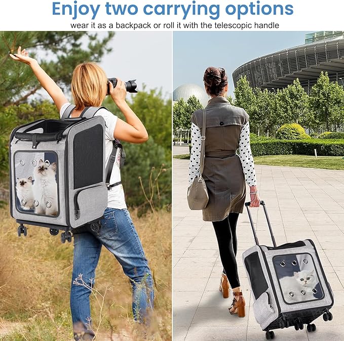 Extra Large Pet Carrier Backpack with Wheels Cats Under 30 Lbs, for Dogs Puppies Rabbits Other Animals Under 25 Lbs, Great for Travel/Hiking/Outdoor Use