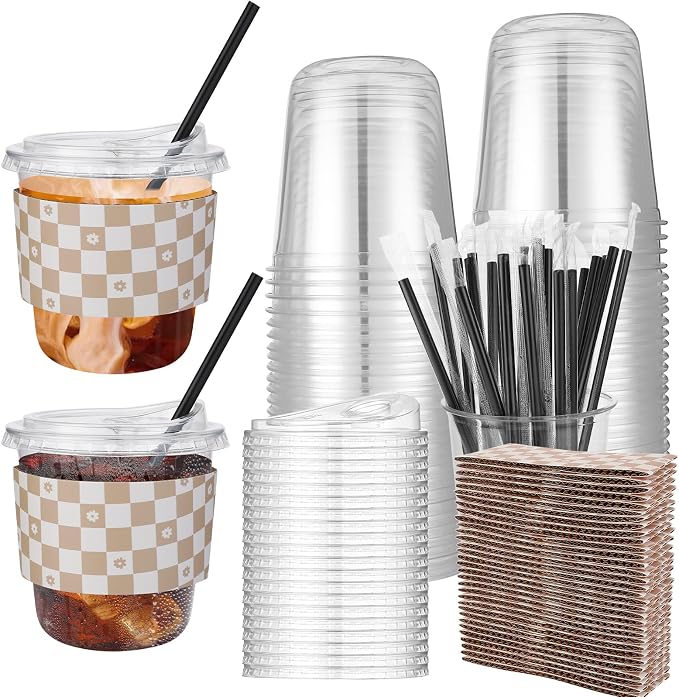 50 Sets 12 Oz Clear Plastic Coffee Cups