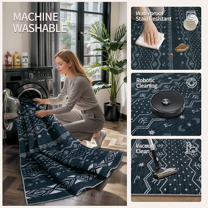 SERISSA 2x6 Kitchen Runner Rug, Washable Non-Slip Grey Boho Rug, Soft Low-Pile