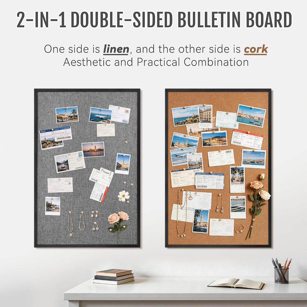 SELEAD Double-Sided Linen and Cork Bulletin Board (36"x24", Grey)