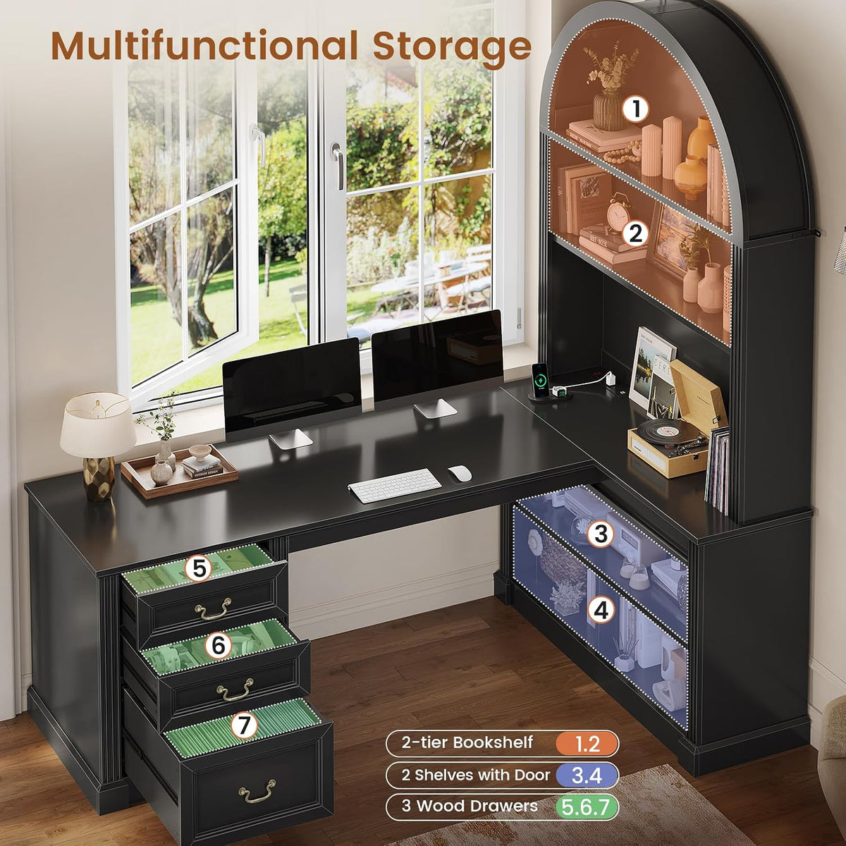SEDETA 67" L Shaped Desk with Tall Arched Bookshelf & 3 Drawers Storage