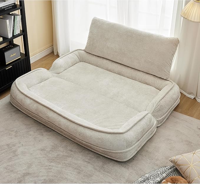 Double Human Dog Bed for Adult and Kids, Comfy Foldable Lazy Floor Loveseat Sofa Bed with 5 Adjustable Position, Upholstered Floor Bean Bag Lounger Chair for Bedroom, Living Room,Office (Beige)