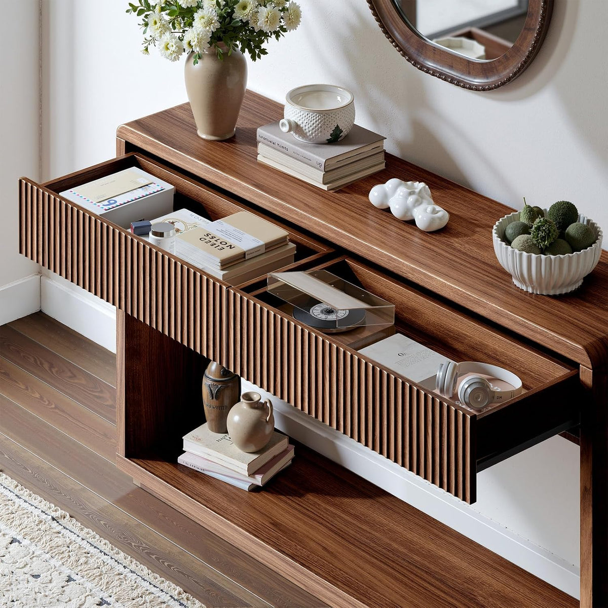 Evermagin 59'' Walnut Console Table with Drawers, Sofa Table with Storage