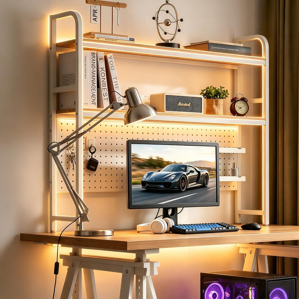 deli Desktop Shelf, Desk Hutch with Metal Pegboard, White