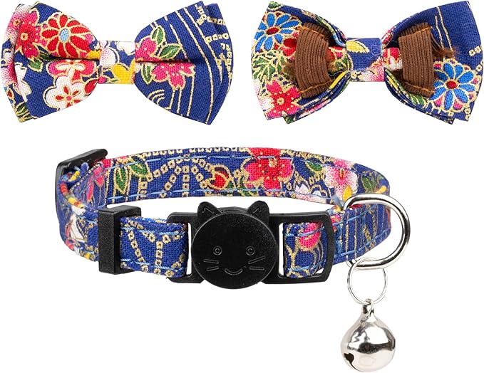 Collar for Cat Pet Breakaway with Bell Bowtie Detachable Bow Adjustable Safety Kitten Puppy Girl Boy 2pcs Navy Blue & Red