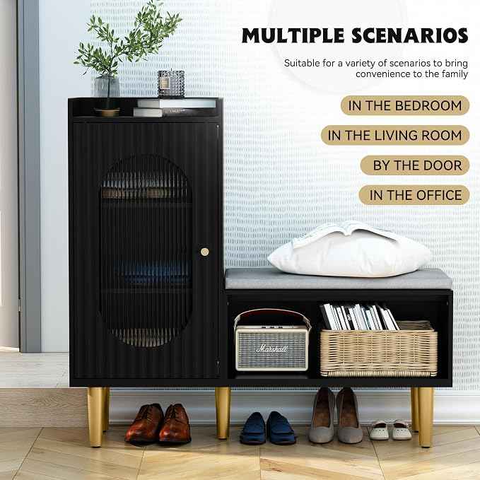 HLR Storage Bench with Glass Door&Shelf, Modern Entryway Shoe Cabinet Bench