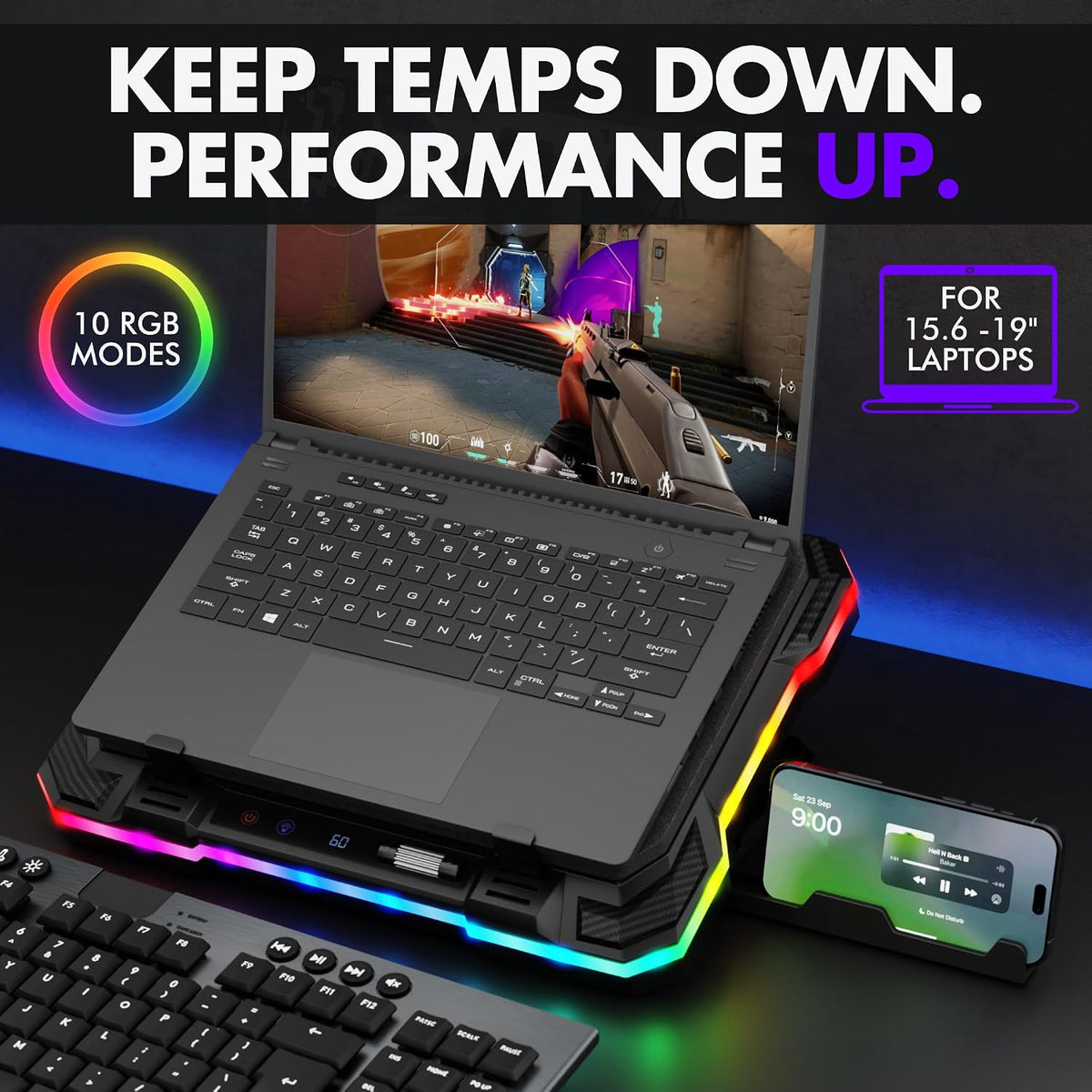 Tilted Nation Gaming Laptop Cooling Pad with USB Hub - Boost Performance, Stay Comfortable - RGB Laptop Cooler Stand with Adjustable Height & Fan Speed, RGB, USB (C + A) Hub, for 15.6" - 19" Laptops