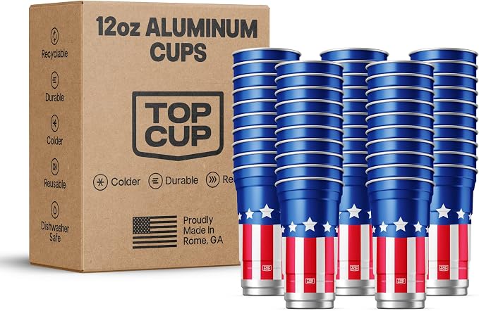 Top Cup Americana Cup | 12 oz Reusable Aluminum Party Cups 50 Count | Durable