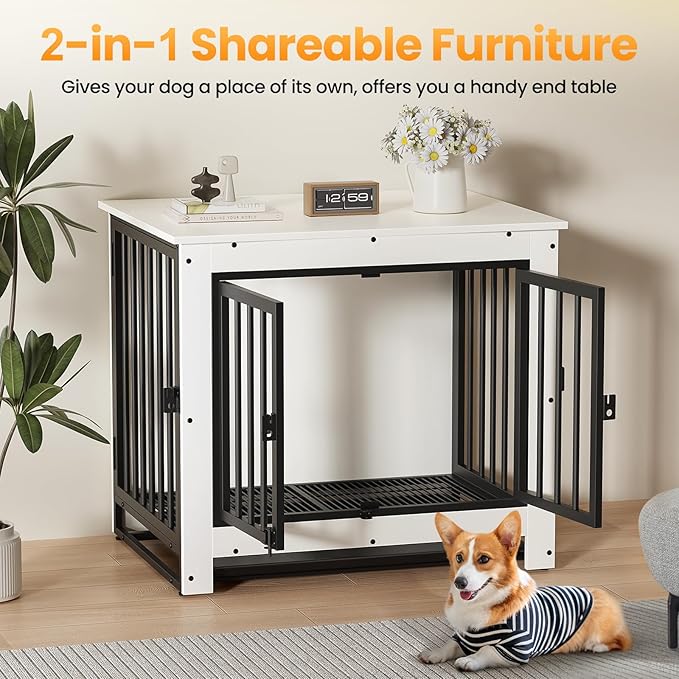 Dog Crate Furniture, 29 Inch Indoor Dog Kennel for Small Dogs Up to 30 LBS, Heavy Duty Wooden Pet Cage End Table with 3 Doors, Alloy Steel Frame & Removable Tray