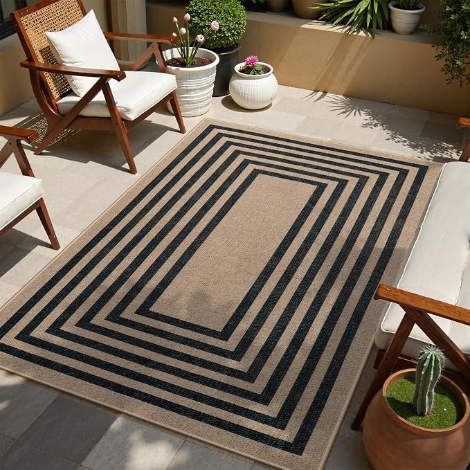 Lahome Enfys Modern Geometric Easy Jute Entryway Rug, 4x6 Black Washable Carpet