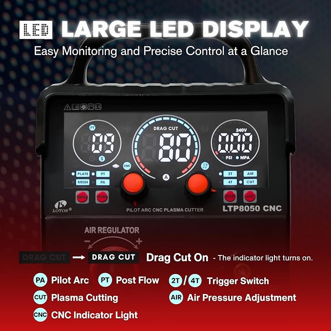 LTP8050 CNC | 80A Blowback Plasma Cutter, THC/ARC OK, LED Display & Front
