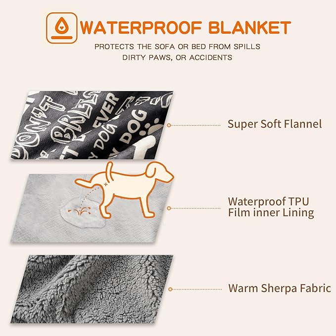 Waterproof Dog Blankets Pet Blanket 60"x80", Soft Fluffy Sofa Car Bed Protector, Reversible Sherpa Fleece Dog Blanket for Large Dogs (Letters)