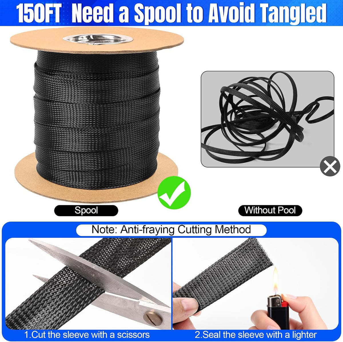 Braided Wire Loom Expandable Cable Sleeve 1”-150ft