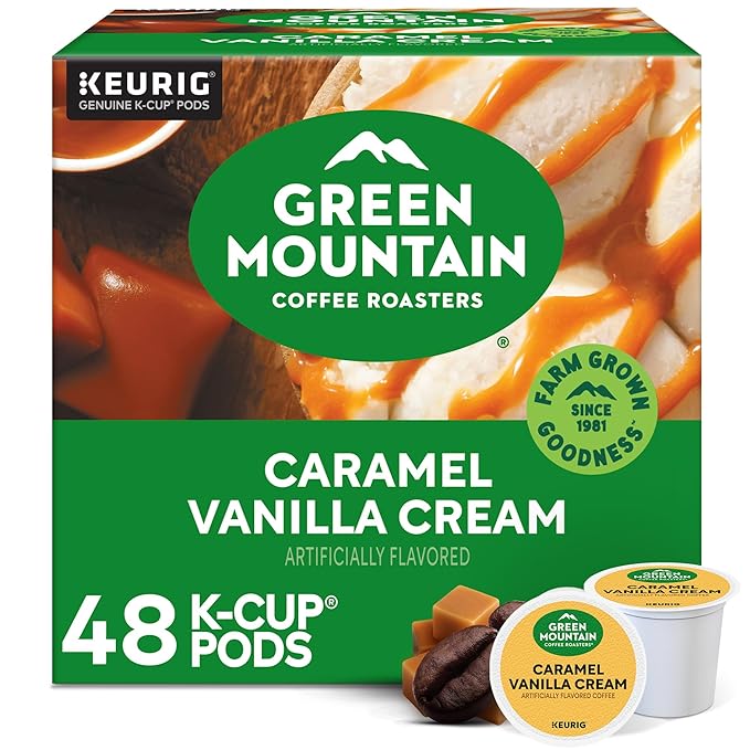 Green Mountain Coffee Roasters Caramel Vanilla Cream, Single-Serve Keurig K-Cup Pods, Flavored Light Roast Coffee Pods, 48 Count