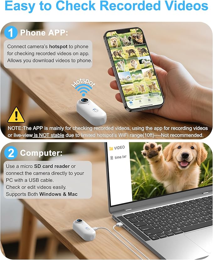 Cat Camera Collar with Phone APP, 1080P HD Video Recording Pet Camera Collar – Lightweight Pet POV Cam for Curious Cats & Adventurous Pups