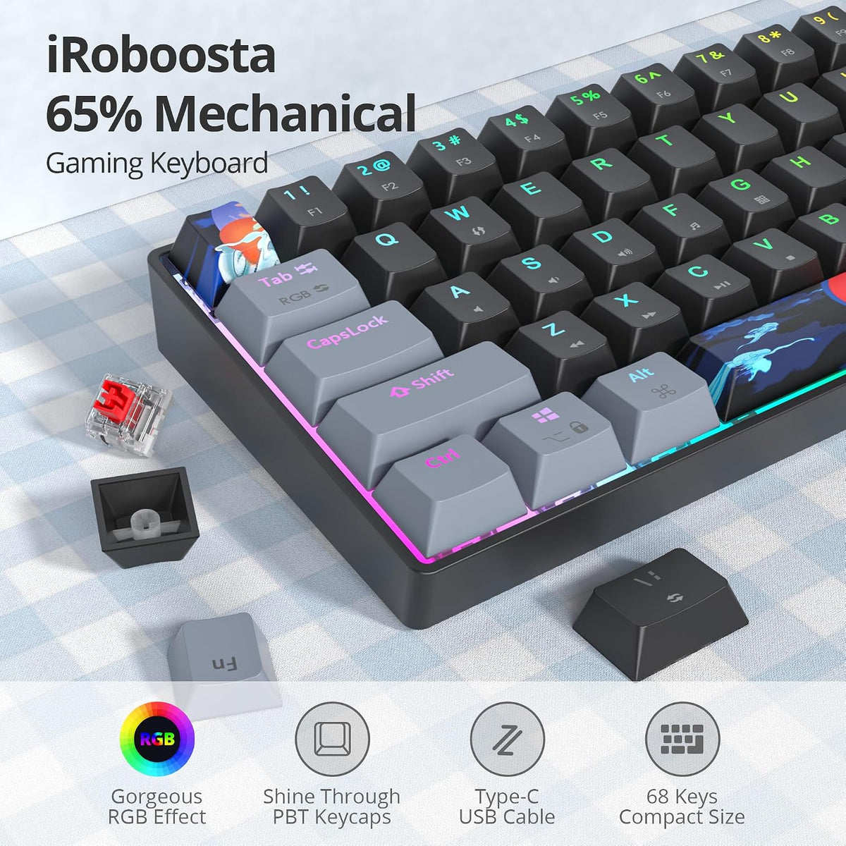 Black and Grey Mechanical Gaming Keyboard 65%, 68 Keys Small Wired RGB Keyboard with PBT Keycaps, Anti-Ghosting for Game/Office