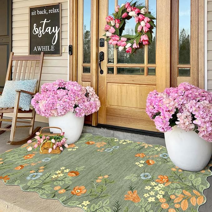Sage Green Floral Entry Rug