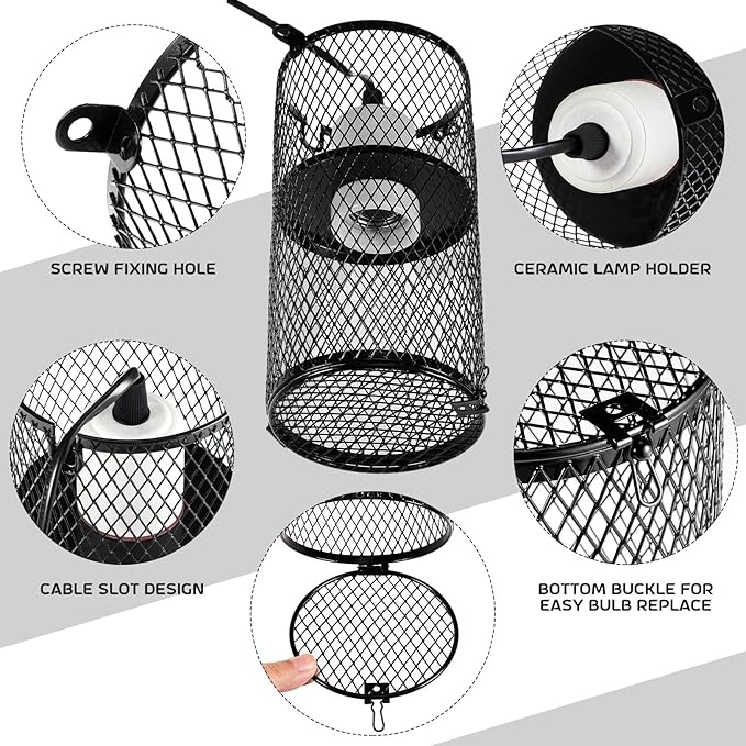VIHOSE 2 Pcs Reptile Heat Lamp Guard with 150W Ceramic Heat Emitter Basking Anti Scald Heating Lamp Holder Mesh Cage Reptile Protection Lampshades for Lizard Snake Chick, Bulb Not Included