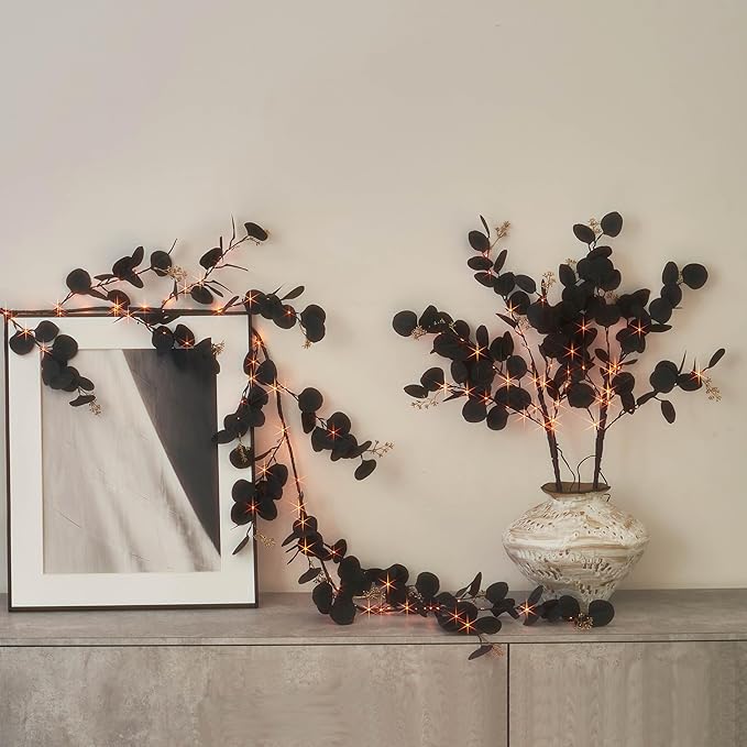 LITBLOOM Halloween Tree Branches with Lights 32IN Battery Operated with Timer, Lighted Black Eucalyptus Branches with 120 Orange and Warm White LED Lights for Mantle Table Halloween Decoration