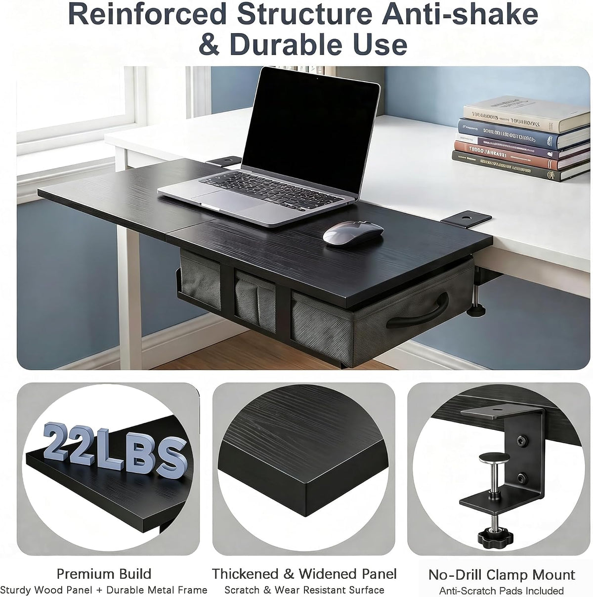 Desk Extender Tray, 24" x 12" Clamp On Desk Extension Shelf with Drawer