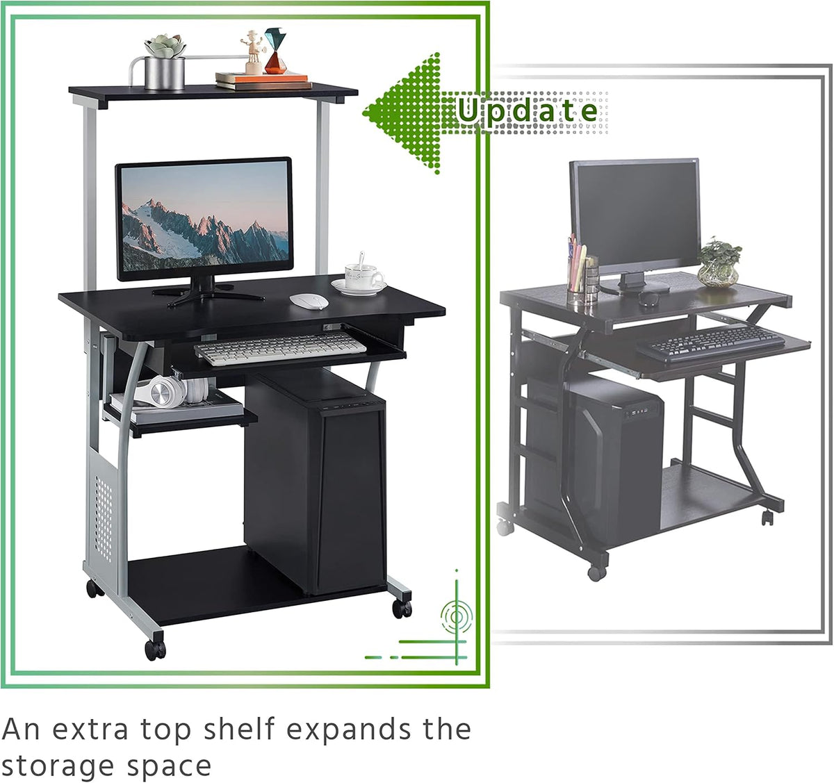 Topeakmart Compact Rolling Computer Cart with Keyboard Tray & Shelf, Black