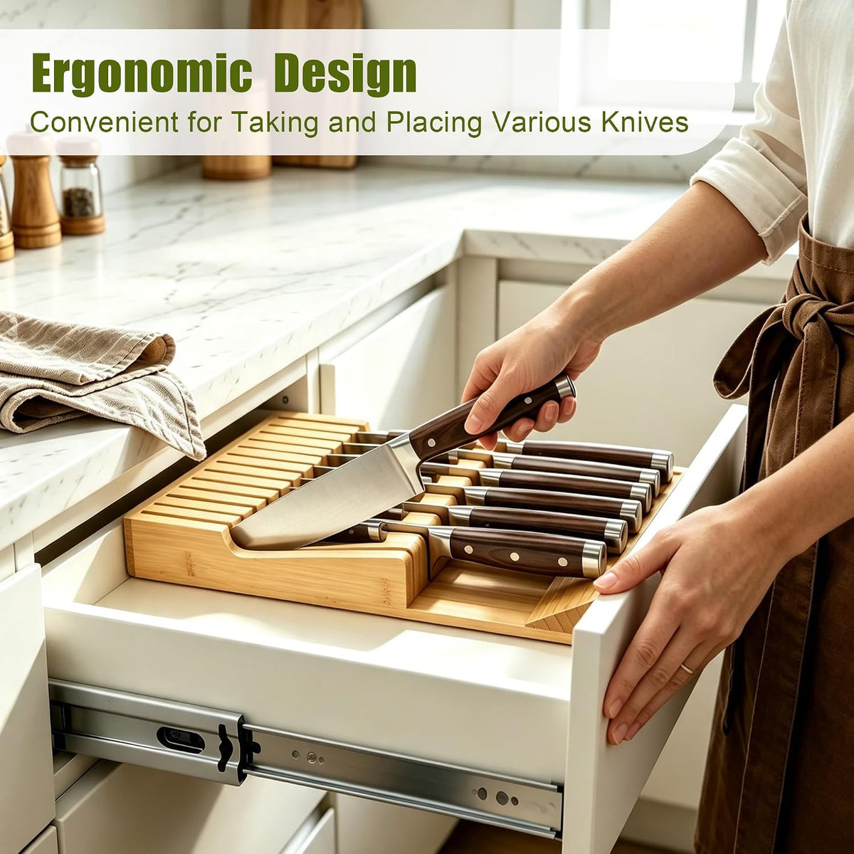 Bamboo Kitchen Drawer Knife Block, In drawer Knife Holder, Knife Drawer Organizer fit for 13 knives