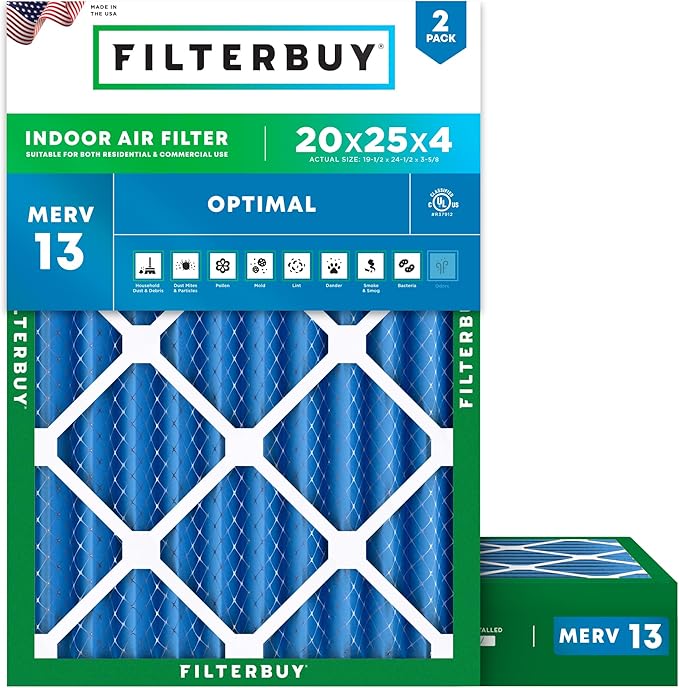 Filterbuy 20x25x4 Air Filter MERV 13 Optimal Smoke & Allergy Defense,