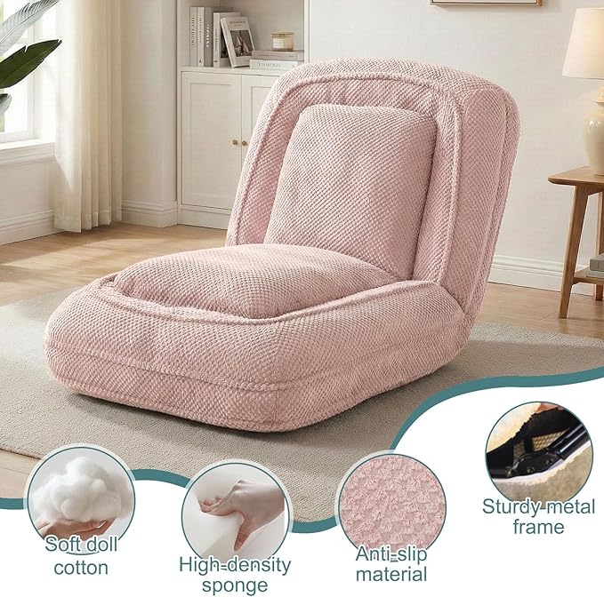 Human Dog Bed for Adults & Pets, 5-Position Adjustable Floor Chair, Convertible Lazy Sofa Bed with Metal Frame & 2 Pillows, Plush Gaming Lounge for Living Room Bedroom Office (Pink)