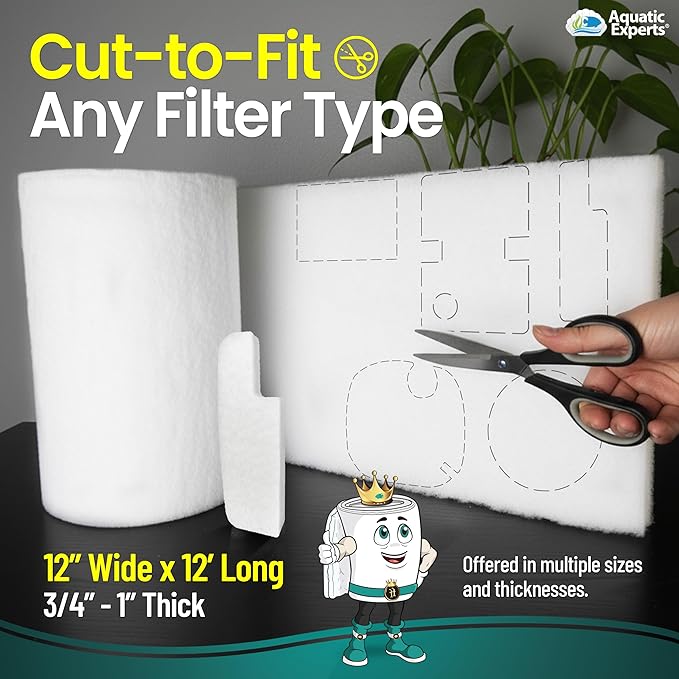 Aquatic Experts Aquarium Filter Floss for Fish Tank Filters - FilterFirst Aquarium Filter Pad - Media Roll for Crystal Clear Water, 3/4" - 1" Thick (12 Inch Wide, 12 Feet Long)