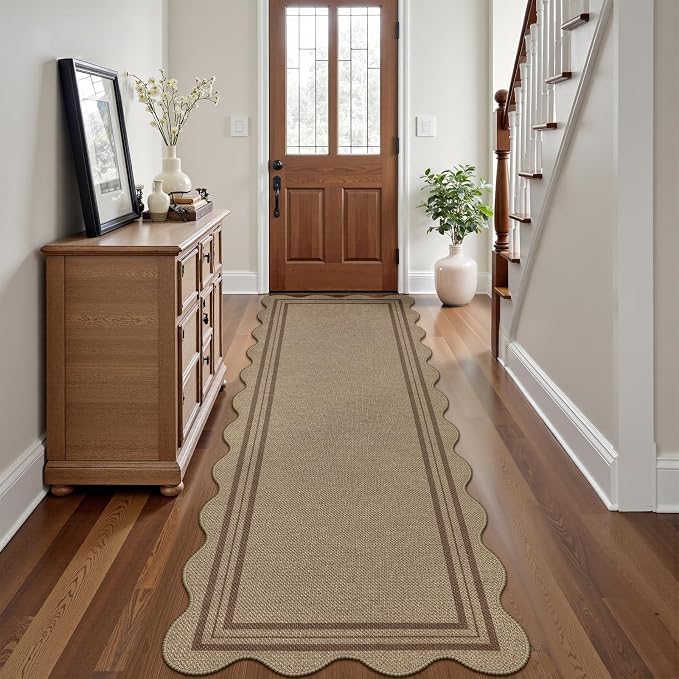 Scalloped Easy Jute 2.6x8 Kitchen Runner Rug, Washable Rugs