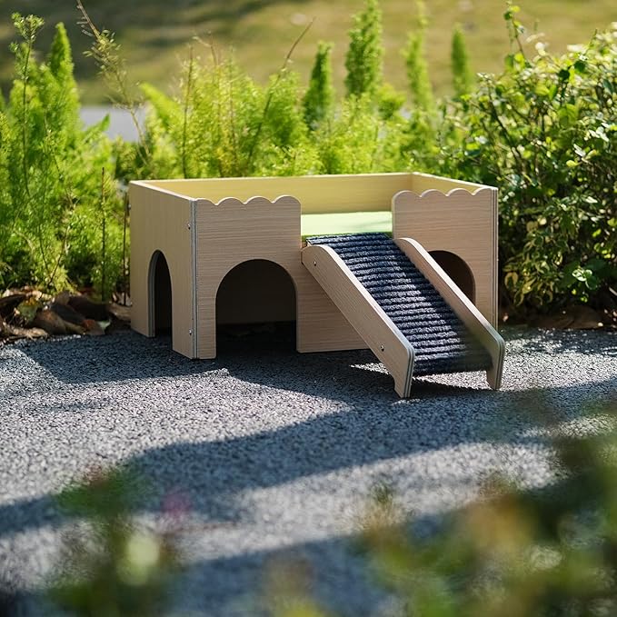 Wooden Guinea Pig Hideout Castle with Stairs,Small Animal Bed Hut Habitats Spacious 2-Level Detachable Small Pet House for Rabbits, Hamsters & Chinchillas Bunny (Green)