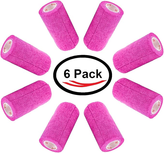 3 Inch Vet Wrap Tape Bulk (Fuchsia) (Pack of 6) Self Adhesive Adherent Adhering Flex Bandage Grip Roll for Dog Cat Pet Horse
