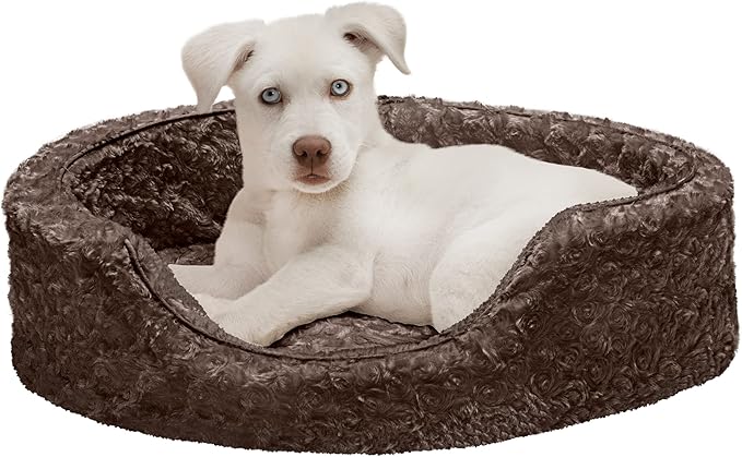 Furhaven Dog Bed for Small Dogs w/ Removable Washable Cover & Pillow Cushion Insert, For Dogs Up to 12 lbs - Ultra Plush Faux Fur Oval Lounger - Chocolate, Small