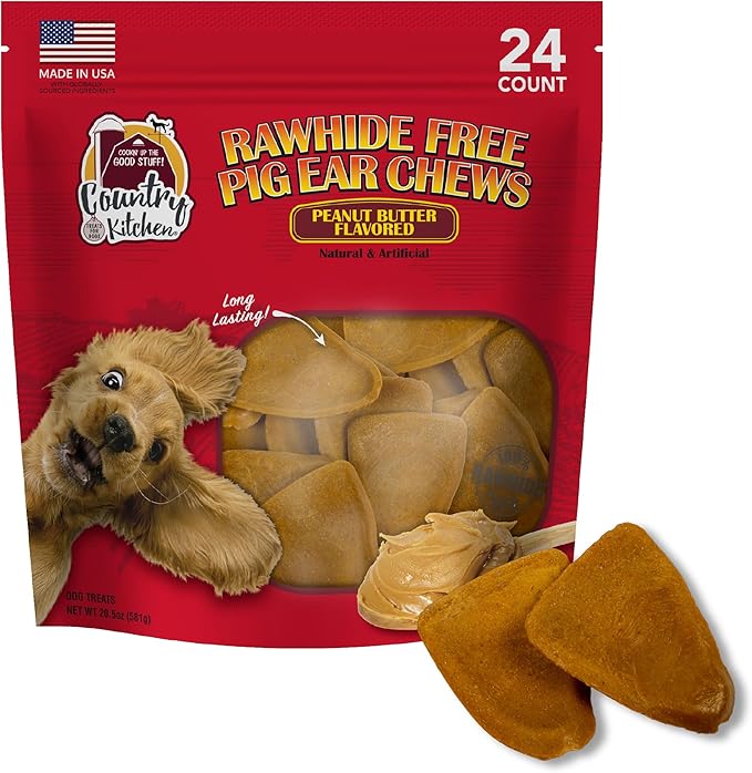 Country Kitchen Rawhide Free Pig Ear Chews Dog Treats, Peanut Butter Flavor, Made in The USA, 24 Count