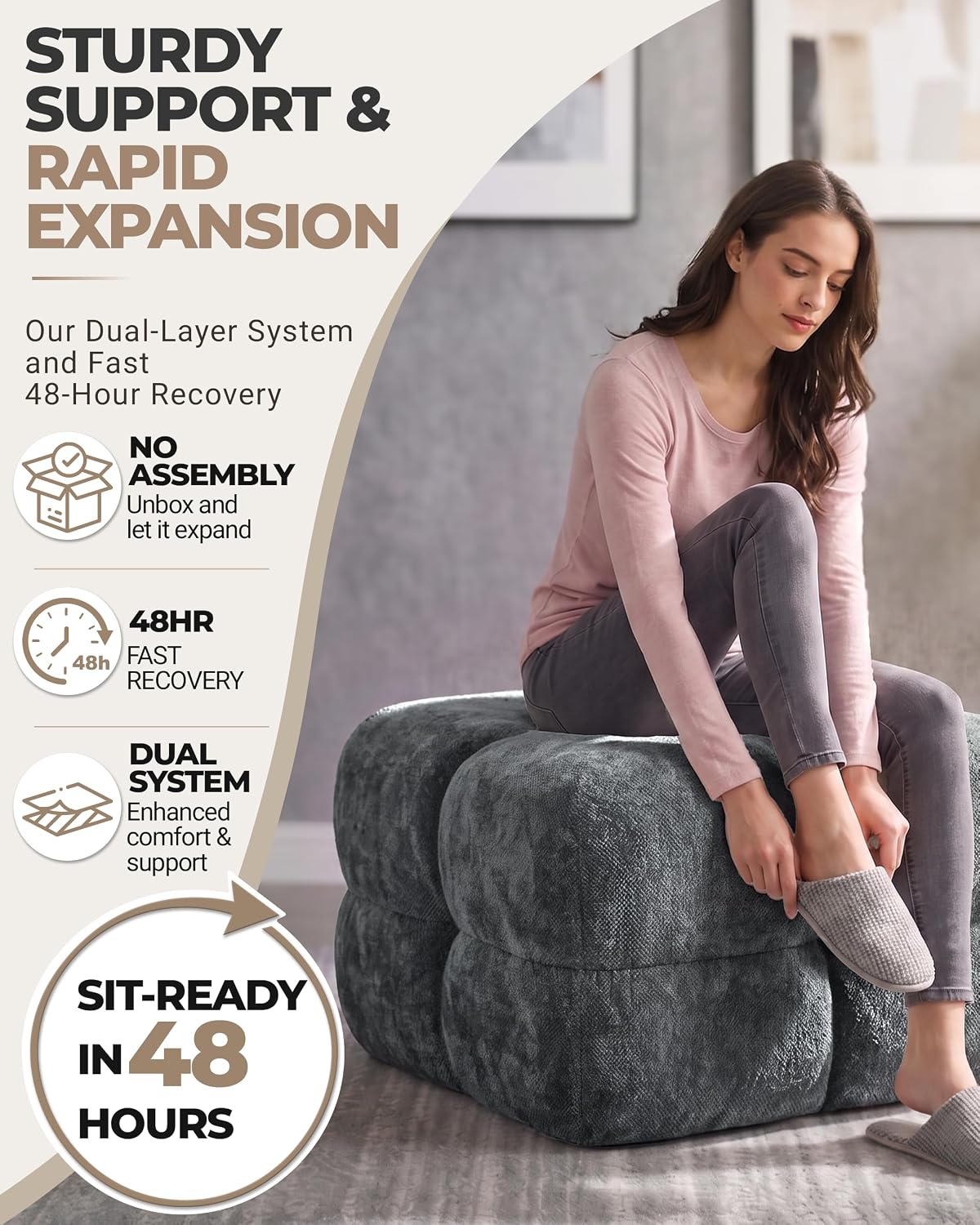Bubble Chenille Ottoman, Foot Rest Stool for Couch, Grey