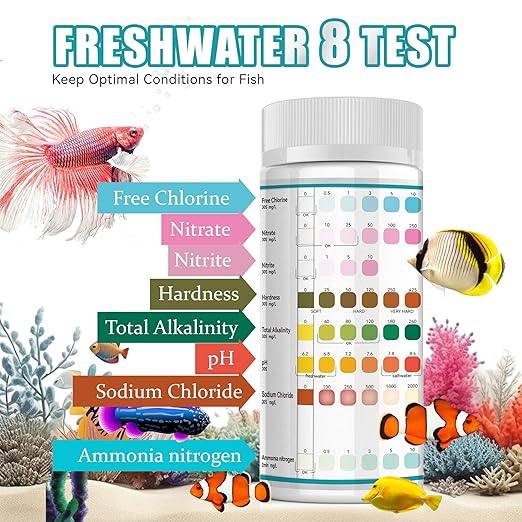 Aquarium Test Strips,8 Way Aquarium Ammonia Test Strips for Saltwater Freshwater Aquariums,Pond Fish Tanks,150 Aquarium Test Kit-Test pH, Alkalinity,Nitrate,Ammonia and More