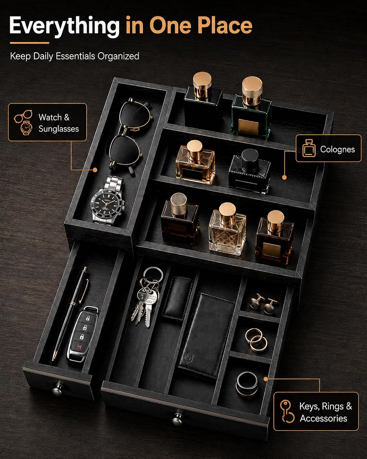 2-Drawer Cologne Organizer for Men, Fully Assembled, Solid Pine, Black/Gray