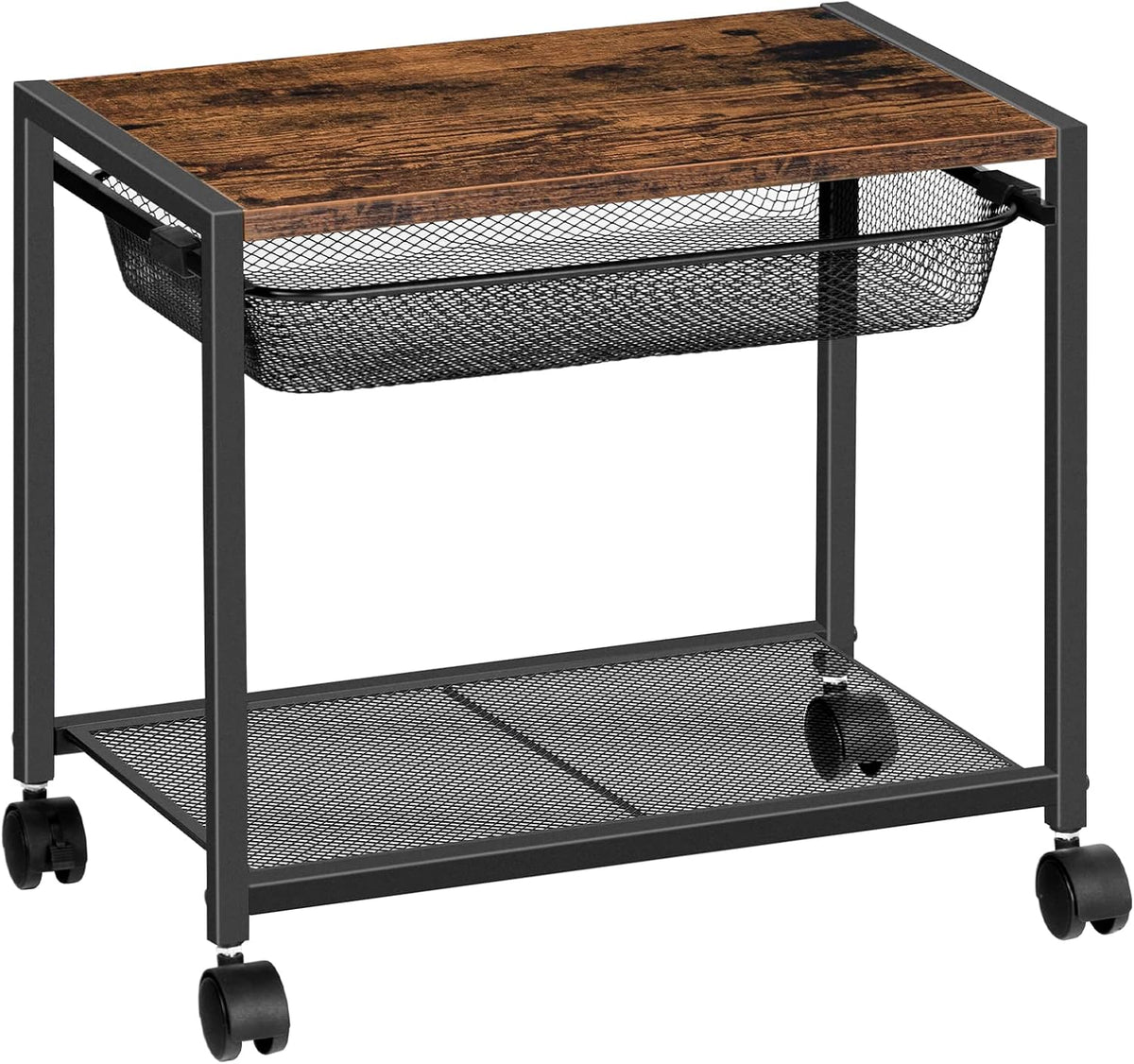 HOOBRO Under Desk Printer Stand, Industrial Printer Cart with Storage Shelf, 2-Tier Mobile Printer Table on Wheels, Heavy Duty Machine Storage Rack for Office and Home Rustic Brown + Black BF12PS01