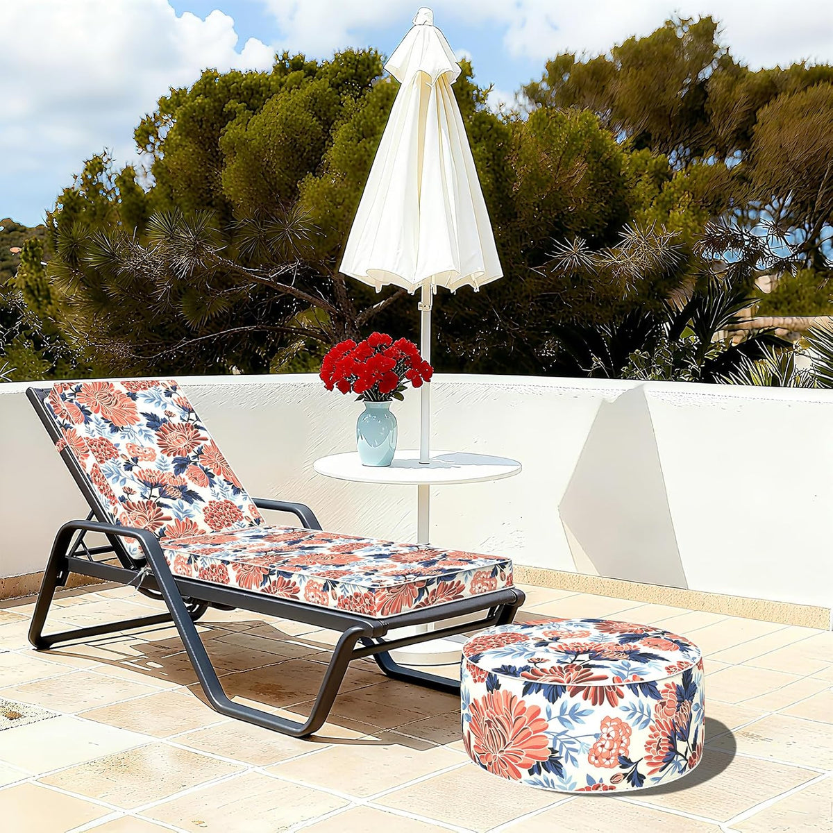 Indoor/Outdoor Inflatable Ottoman with Handle, Decorative Fade-Resistant Round Footstool D21 x H9 inch, Portable Ottoman Pouf for Patio Garden Camping, Red Chrysanthemum