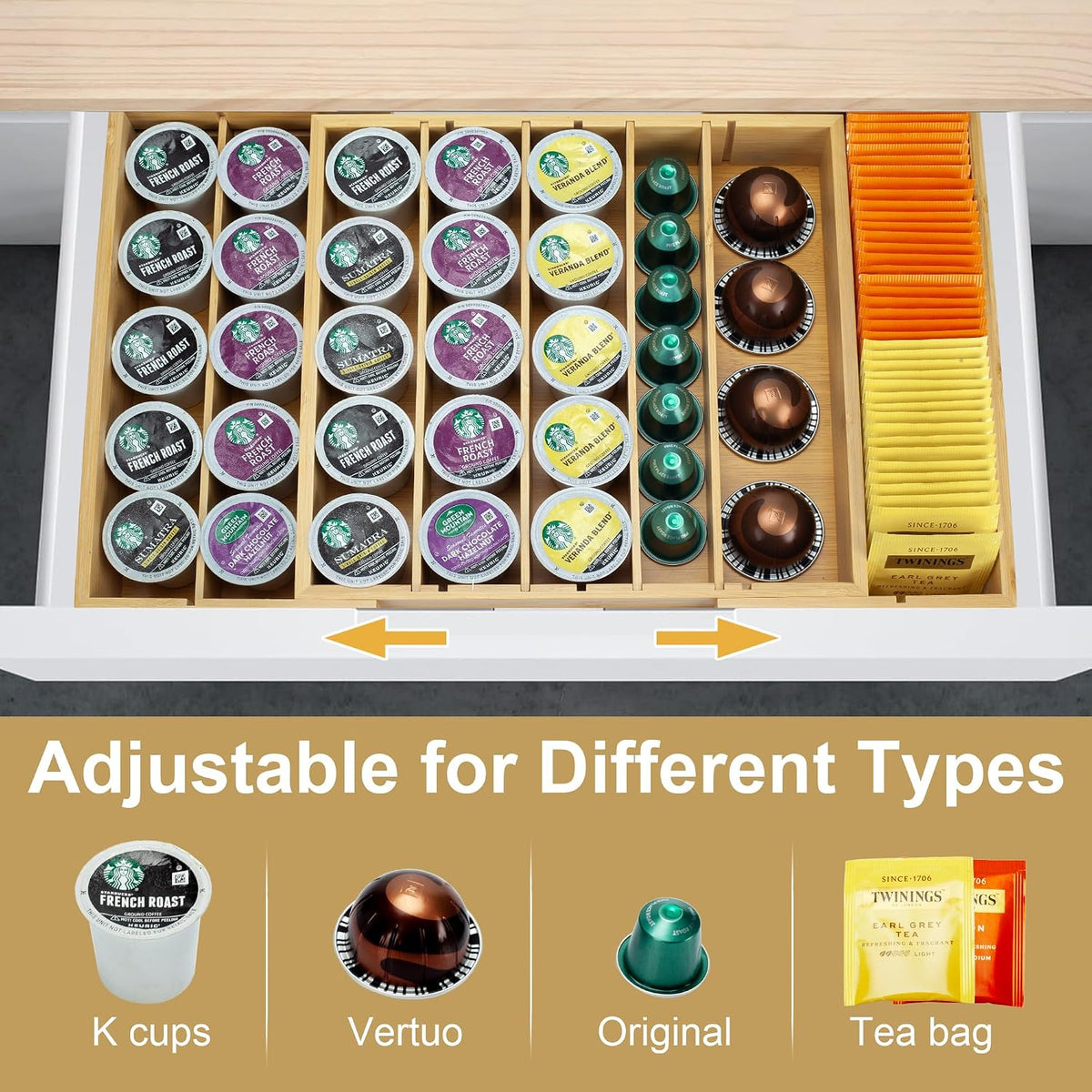 MinBoo Bamboo K Cup Holder for Drawer or Countertop Coffee Pod Holder Expandable K Cup Pod Storage Tea bag organizer K Cup Storage for Coffee Station Home Office and Kitchen, Natural