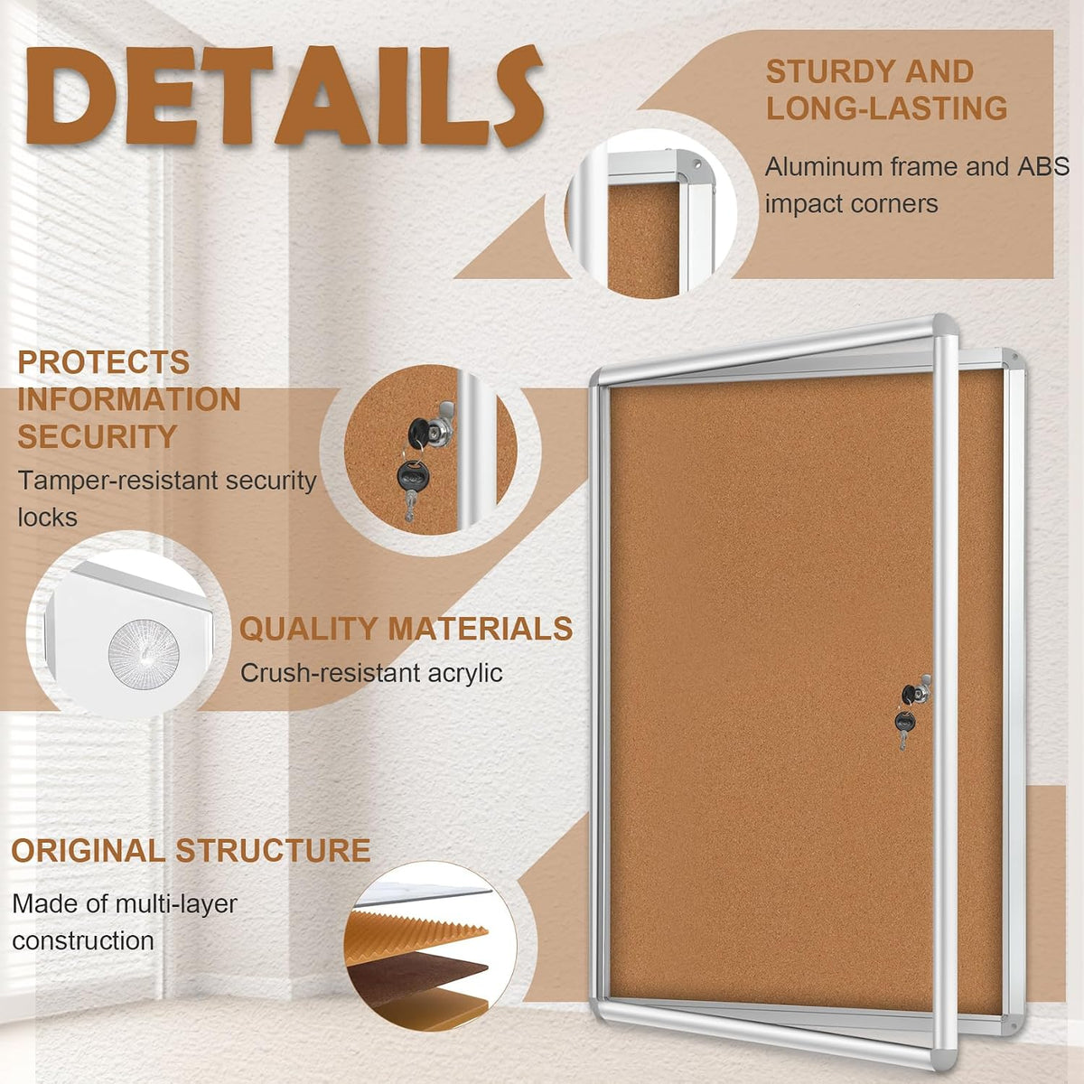 36"x24" Enclosed Bulletin Board Tamper-Proof Dispaly Case, Aluminium Frame, Shatter Resistant Lockable Bulletin Board, Lockable Bulletin Board for School, Office, Commercial, Hospital etc