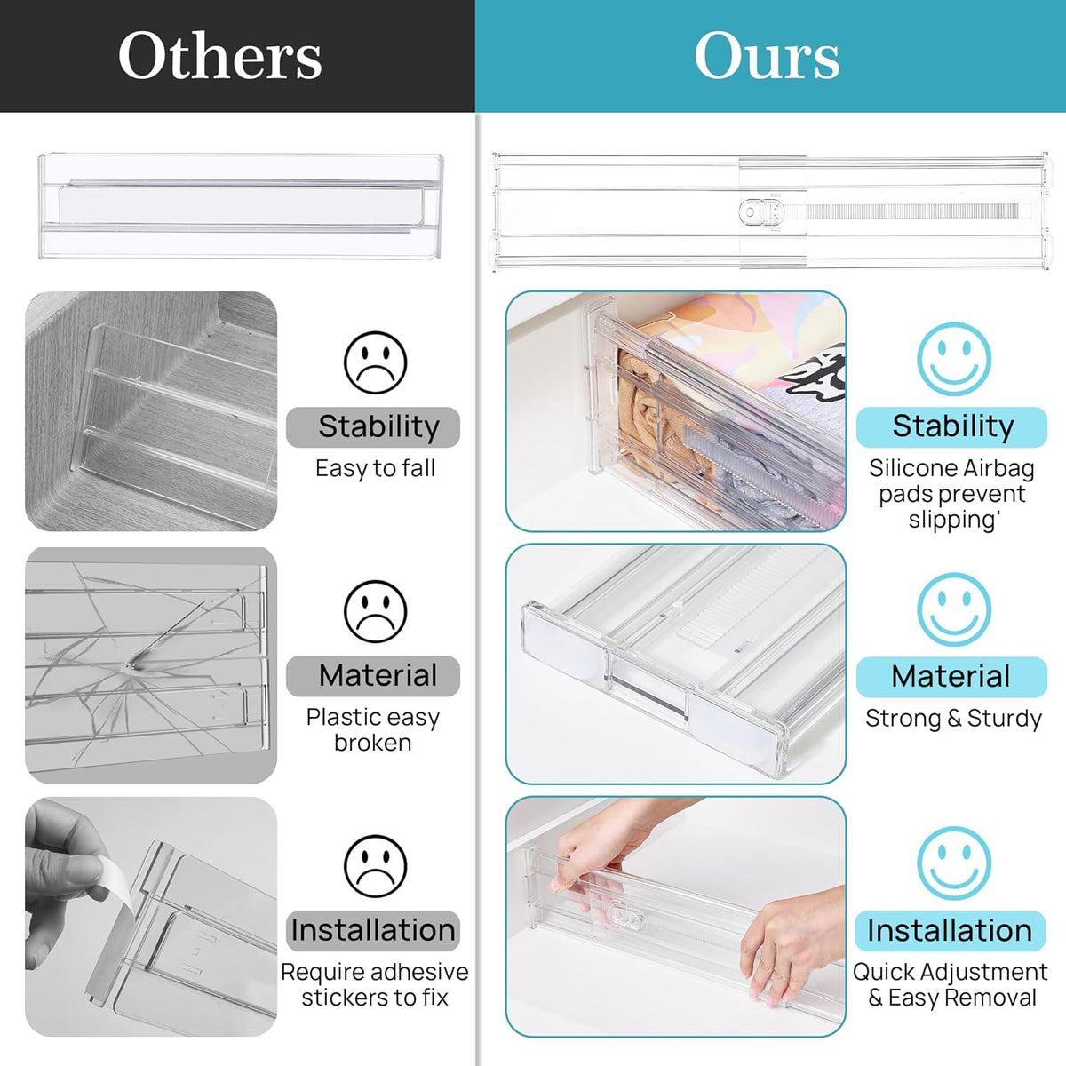 Vtopmart 4" Regular Upgrade Drawer Dividers for Clothes, 12.8"-22.3" 8 Pack