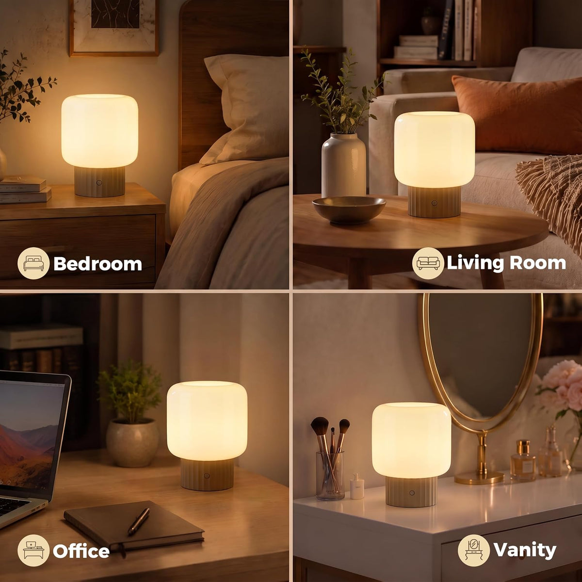 VOLISUN Mushroom Lamp, Cordless Rechargeable Table Lamp with Glass Shade, 3 Color Temperatures & Stepless Dimming, 5200mAh, Touch Control Bedside Lamps for Living Room, Bedroom, 1 Pack (Brown)
