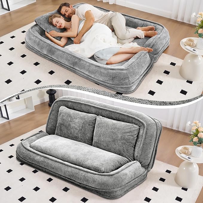 Extra Large Human Dog Bed for Adult & Pets, Convertible Floor Sofa Bed with 5 Adjustable Position, Lazy Couch Giant Bean Bag Lounge Chair Comfy Tatami with 3 Pillows for Bedroom Living Room (Grey)